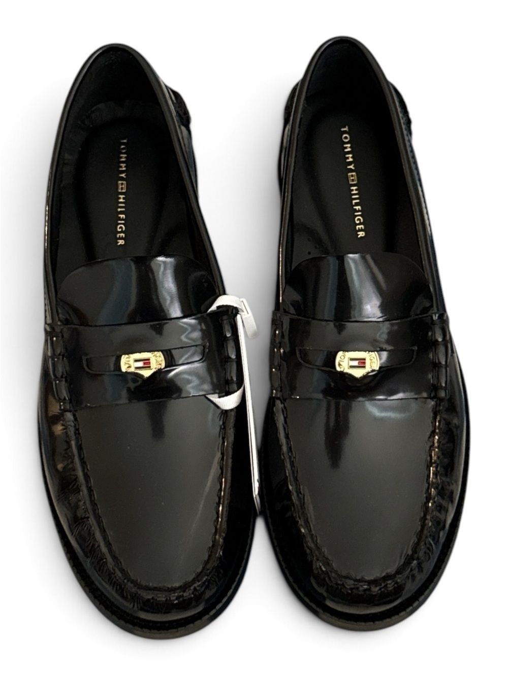 Tommy Hilfiger Women’s Black Patent Leather Penny Loafers with Gold Accent